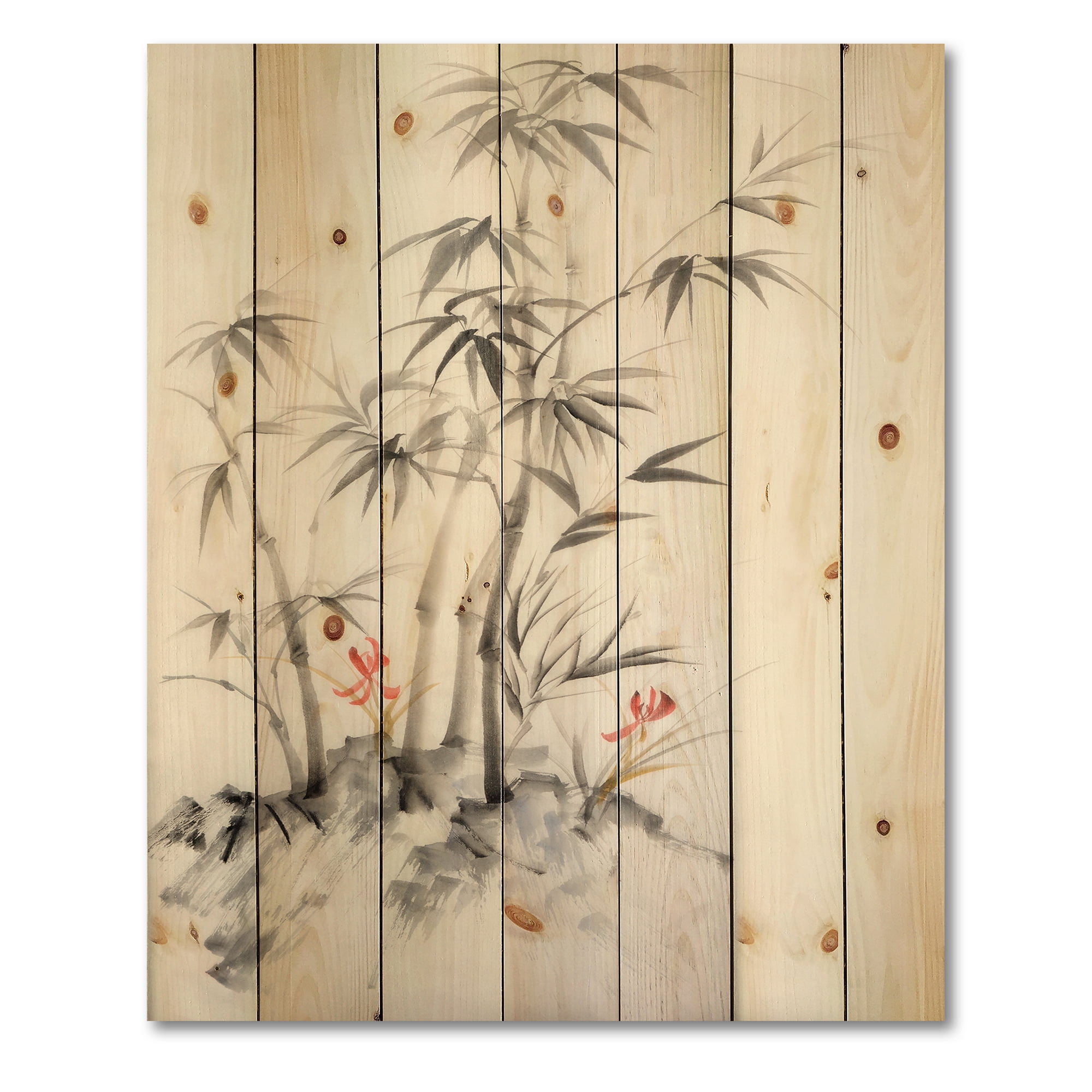 Designart 'Vintage Black and White Bamboo III' Traditional Print on Natural Pine Wood