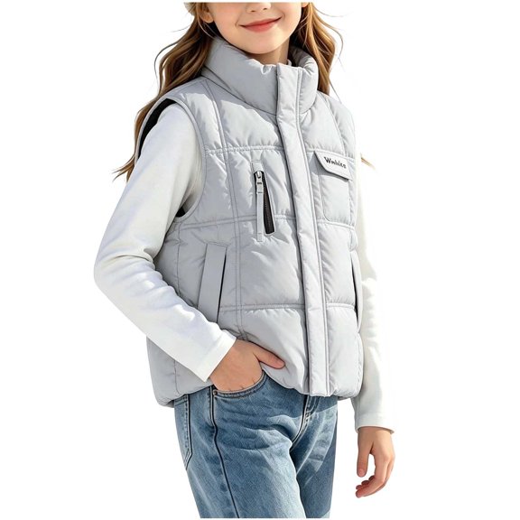 Hduncf Girls Quilted Puffer Vest, Warm Sleeveless Winter Jacket with Fleece Lining, Casual Outdoor Outerwear for Kids Gray 12-13 Years