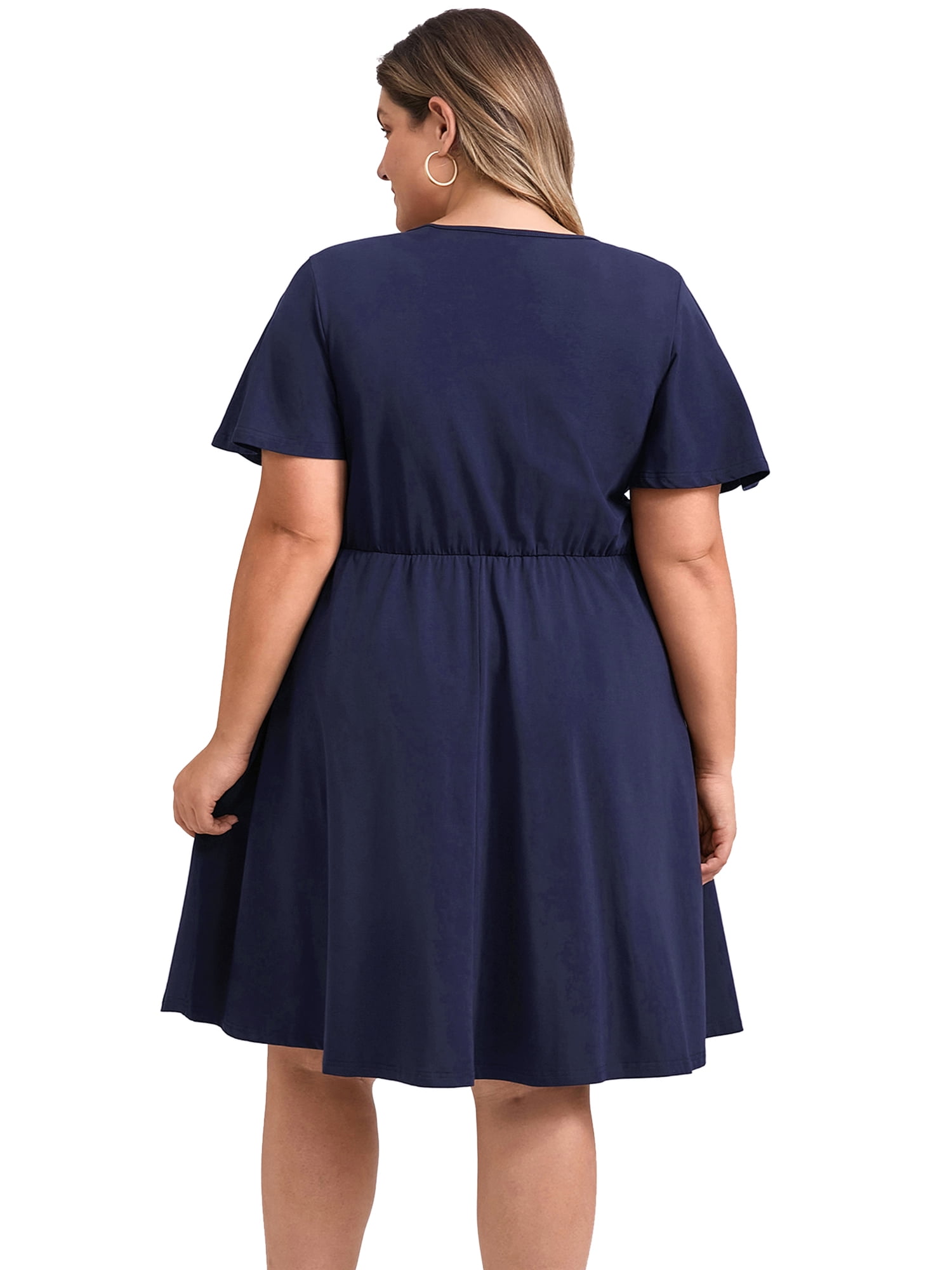 DARING DIVA Plus Size Summer V Neck Ruffle Short Sleeves Dress 3X Navy Blue