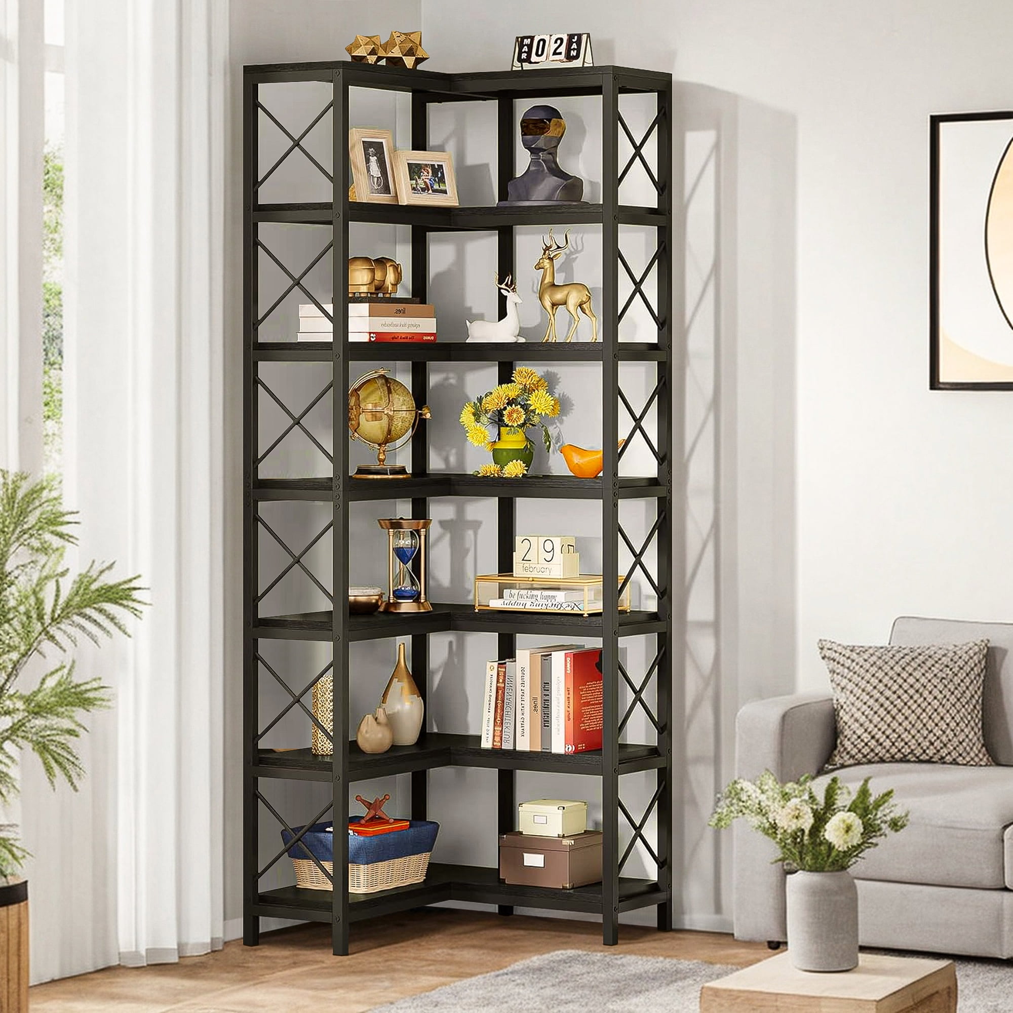 Demi Bonn 7 Tier Corner Bookshelf, Bookshelves, Open Etagere Bookcase Shelf Storage Organizer, Storage Shelving Unit for Bedroom, Living Room and Home Office, Black