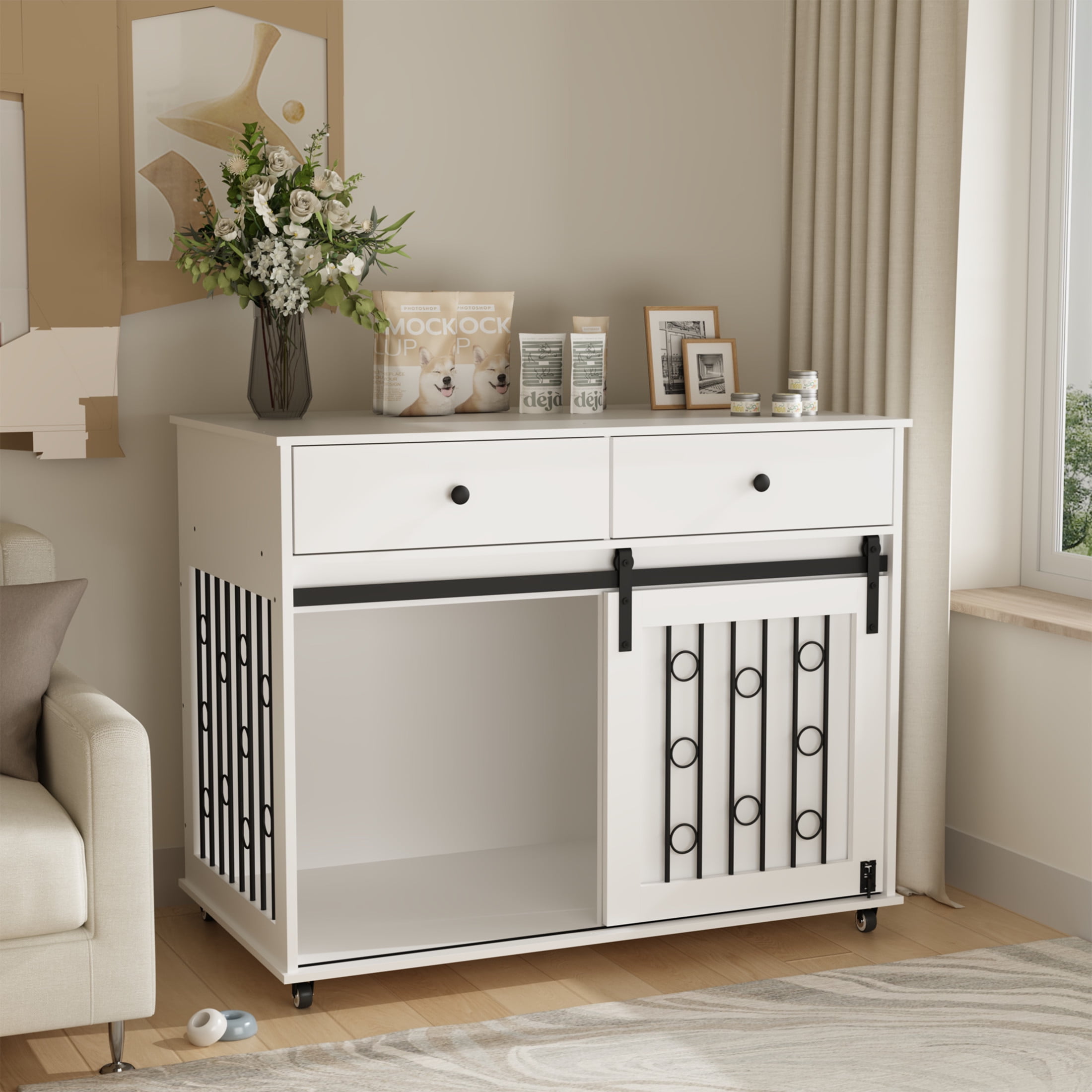 Noble House 39.37" Modern Dog Crate Furniture with Sliding Barn Door and Drawers, Pet Kennel with Lockable Wheels, White