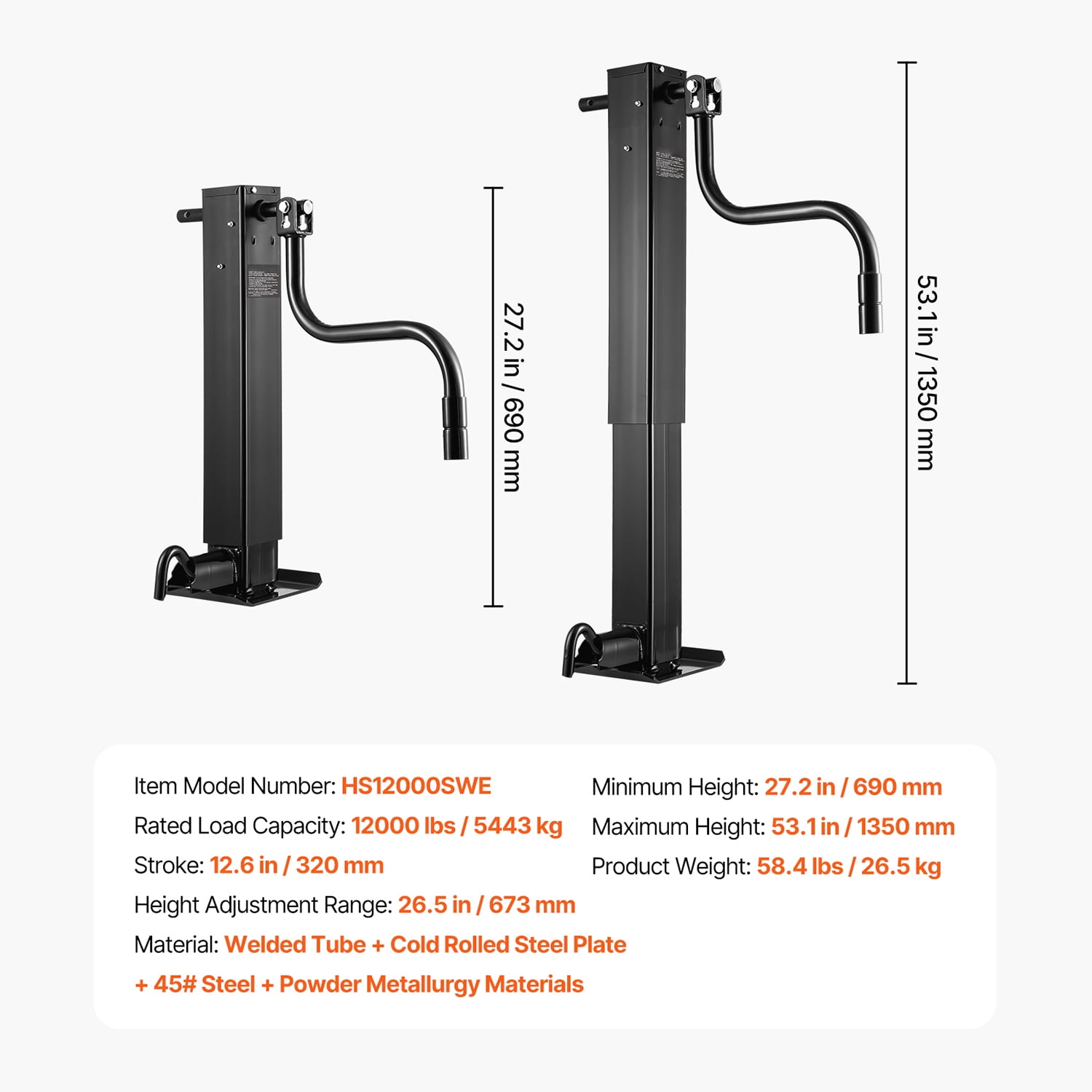 KFFKFF Heavy-Duty Trailer Jack, 12000 lbs Load Capacity, Weld-on Pipe-Mount Swivel Design with Comfortable Handle, 12.6-inch Vertical Travel, Ideal for RV, Horse, Utility, Camping, and Yacht Trailers