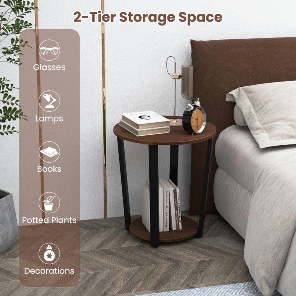 Finihen End Table, Versatile Side Table, Round End Table with Open Shelf and Metal Frame, Sofa Side Table, Bed Side Table, for Living Room, Bedroom, Walnut Finihen End Table, Versatile Side Table, Round End Table with Open Shelf and Metal Frame, Sofa Side Table, Bed Side Table, for Living Room, Bedroom, Walnut