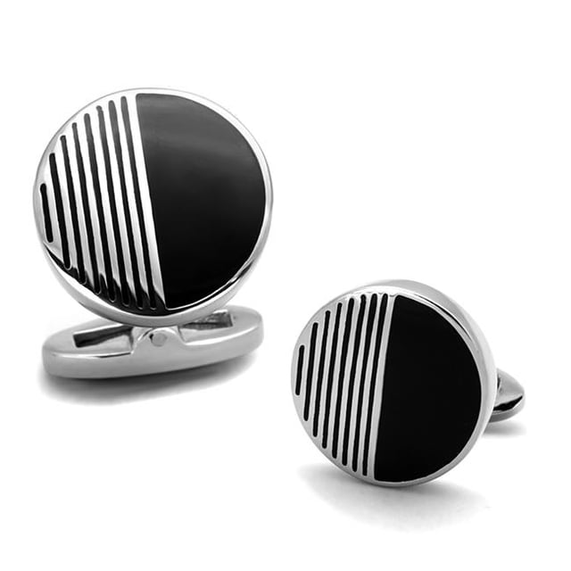 Alamode TK1654 Men High Polished Stainless Steel Cufflink with Epoxy in Jet