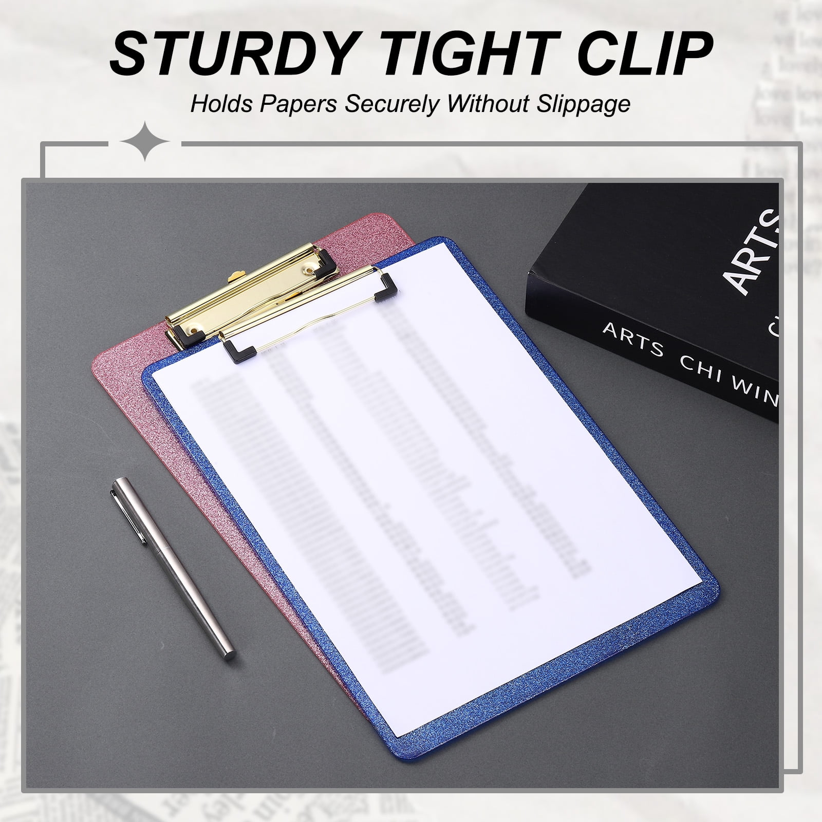 Uxcell 2 Pcs Plastic Clip Boards, A4 Size Glitter Blue Stylish Clip Boards Glitter Design Cute Clipboards Office Supplies for Restaurant Shop Store Note Memo Card Sign Holder