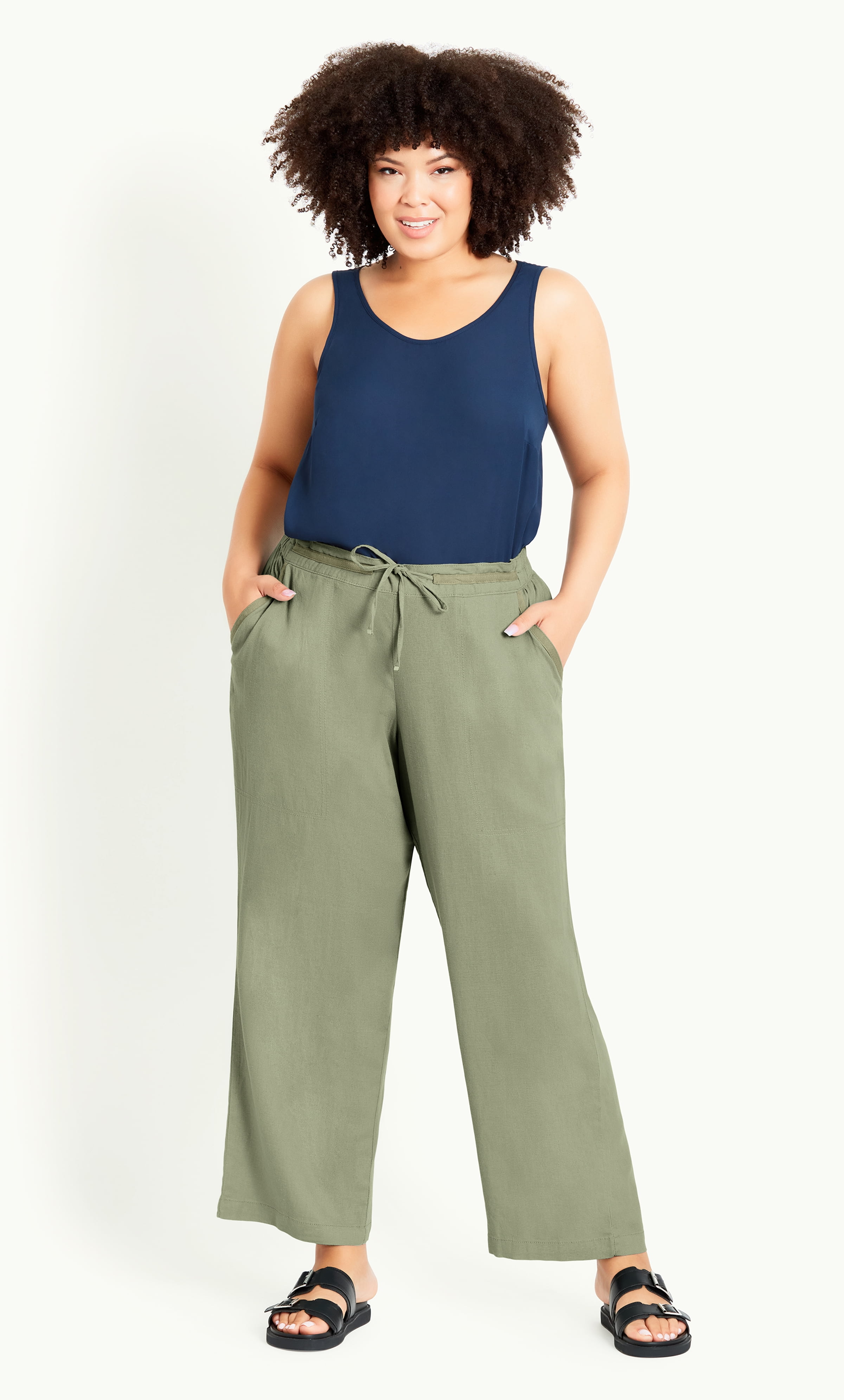 Avenue Women's Plus Size Linen Blend Relaxed Fit Wide Leg Trousers