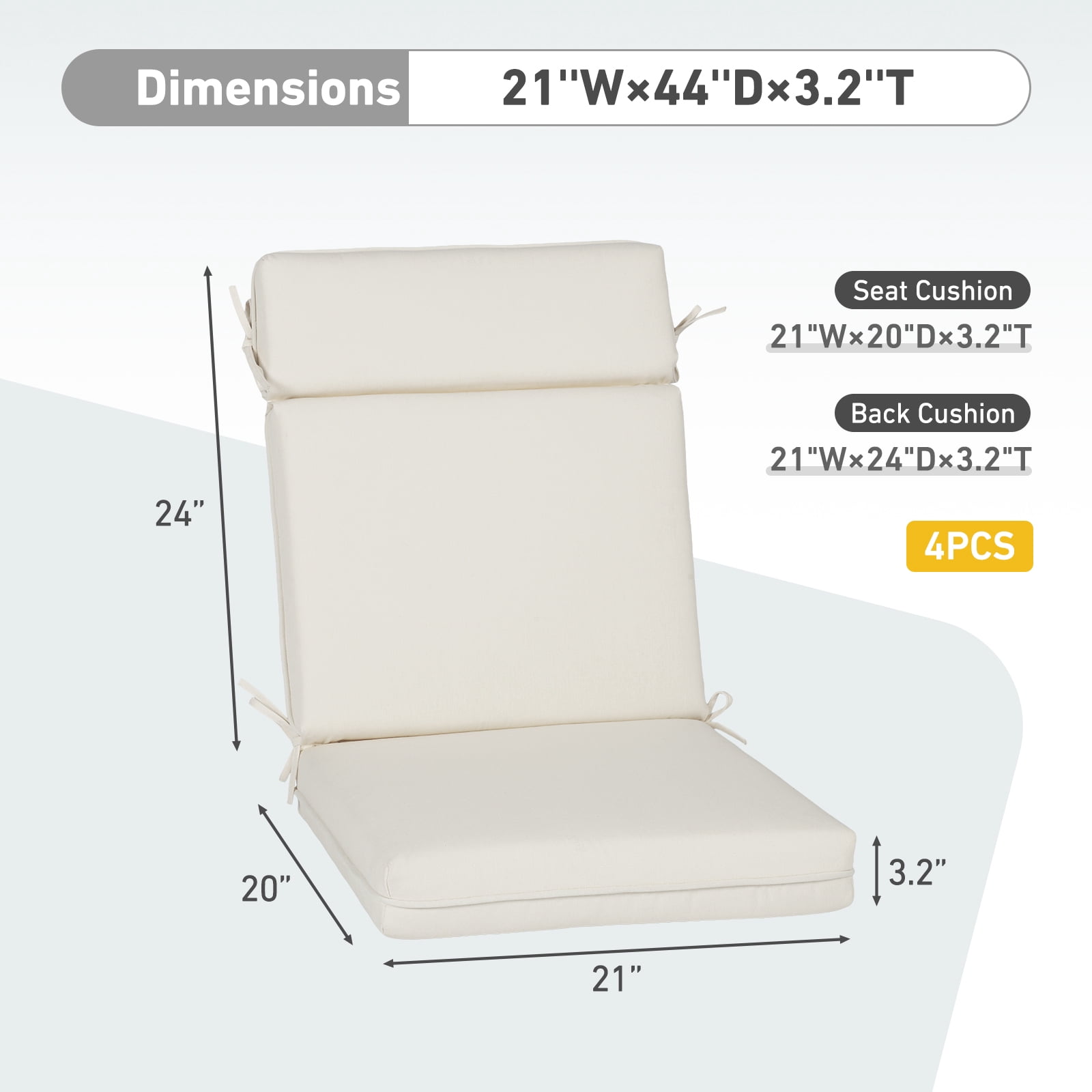 BPS Outdoor High Back Dining Chair Cushion Set, 44"x21"x3.2", TPU Water Repellent Coating&Stain Resistant, Polyester Fabric Cover with Ties and Zipper, Ivory, Set of 4