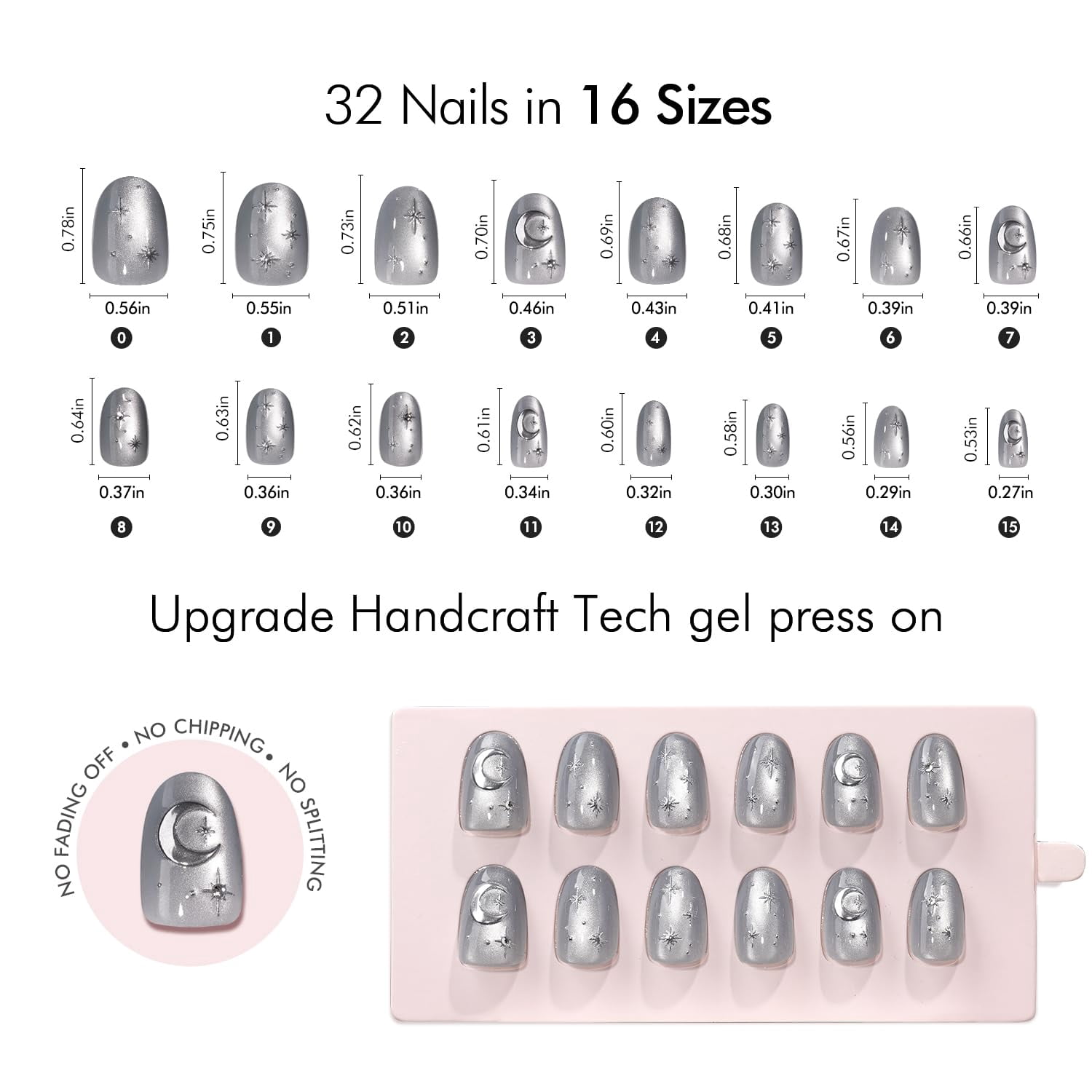 VSALON Press on Nails Short Oval - Grey Blue Cat Eye Glue On Nails with Silver Star Moon, Opaque Salon Quality Winter Fake Nails Kit - 32 PCS Stick on Nails in 16 Sizes with Glue & Cuticle Oil