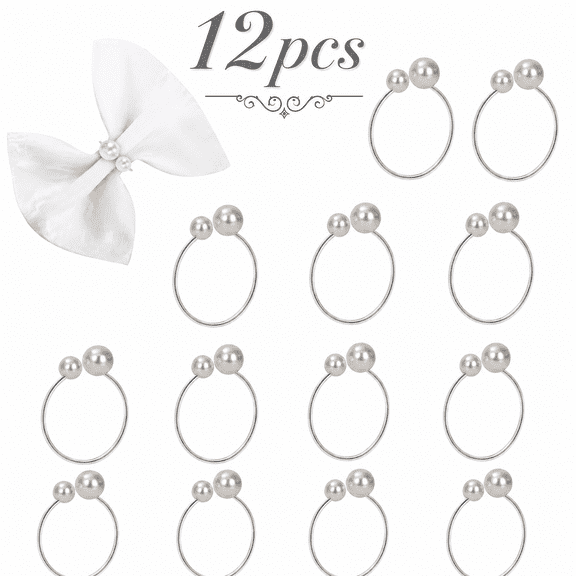 Pearl Napkin Rings Set of 12, Silver Napkin Ring Holders for Party Wedding Dining Table Decor