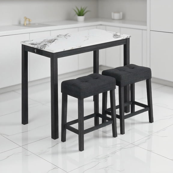 Kadyn 3-Piece Bar Table Set Modern Counter Height Set with Charging Station Faux Marble Top for Kitchen Dining Room Living Room Home Bar Furniture, Gray