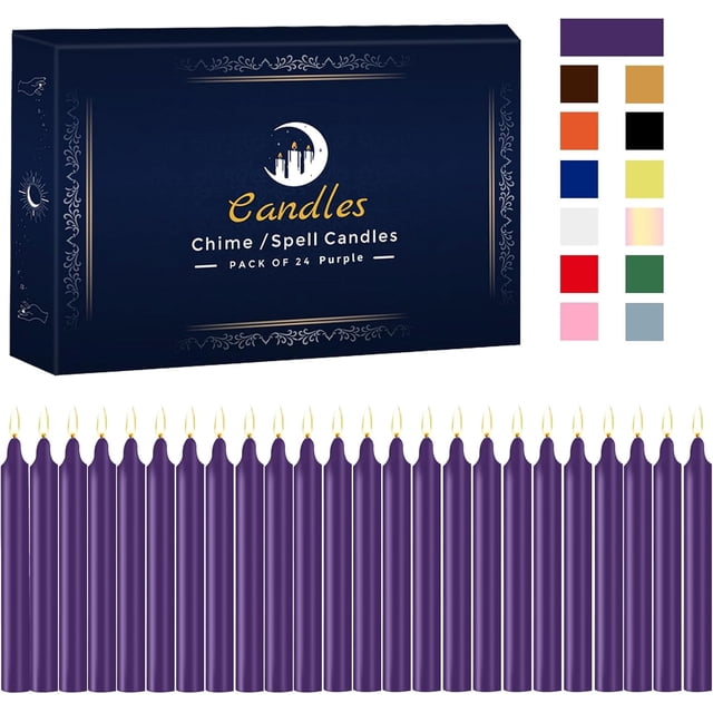 24 Pack Purple Spell Chime Candles \u2013 Premium Mini Unscented Taper Candles for Rituals, Prayer, Birthdays, Meditation, Altar, Spells, Chime Candles - 4 Inch Tall - Ideal for Witches