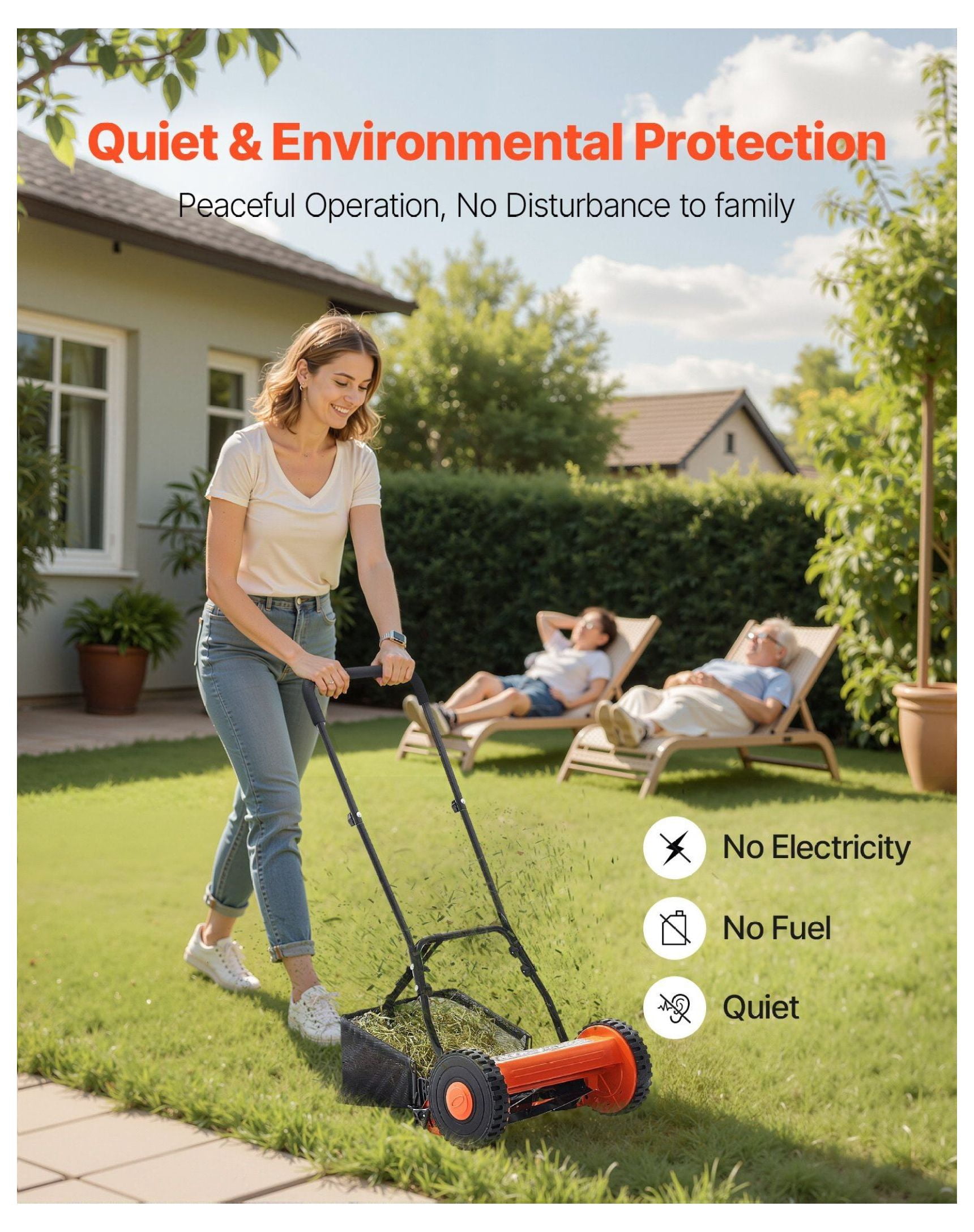 14" Push Reel Lawn Mower, 5-Blade Manual Grass Mower, Adjustable Height, with Grass Catcher, 2-Wheel Quiet Mower for Small Yards