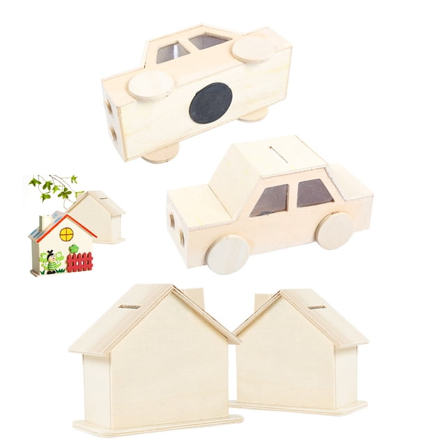 4PCS Coin Bank DIY Blank Painting House Car Design Coin Saver Piggy Bank for Kid