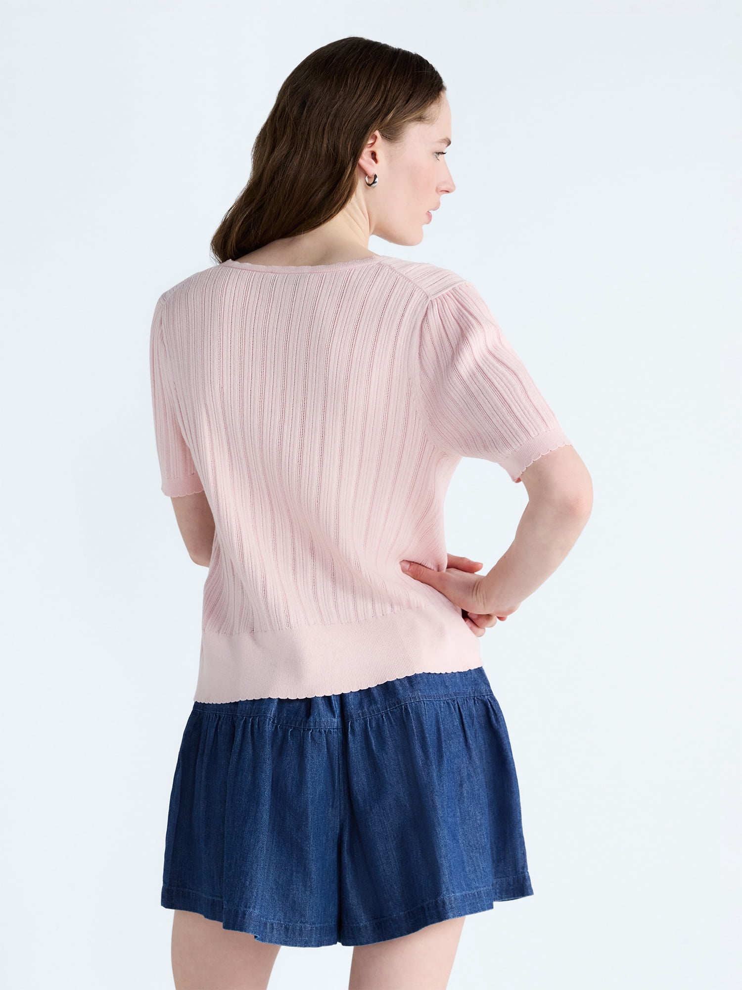 Free Assembly Women's Pointelle Cardigan Sweater with Short Sleeves, Lightweight, Sizes XS-XXL