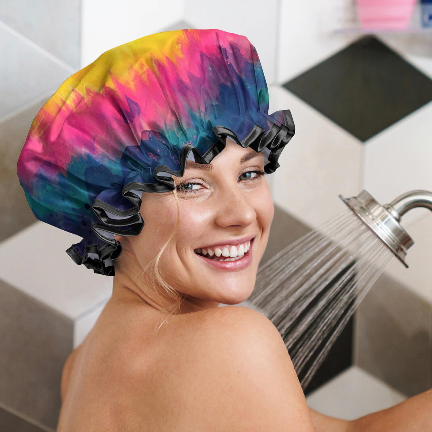 Shower Caps,Colorful Tie Dye Pattern Waterproof Shower Cap for Women 4 Pieces,Double Reusable Hair Cover for Shower PEVA Elastic Stretch Hem