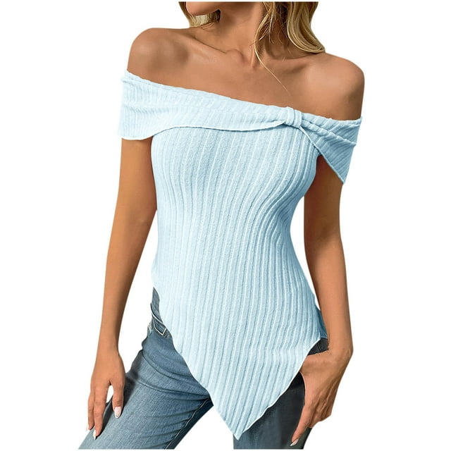 Chbgutlmr Tops for Women Trendy Off The Shoulder Slim Fitted Knot Ribbed Irregularly Giong out Tops Summer