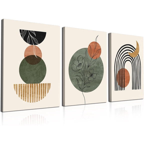 Boho Art Wall Decor Framed Canvas Print 12"x16" Minimalist Wall Decor Mid Century Modern Decor Black Beige Geometric Abstract Modern Neutral Set of 3 Boho Wall Decor for Bedroom Bathroom