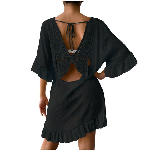 Zpanxa Bathing Suit Cover up for Women Bathing Suit Bikini Swimsuit Coverup Beach Crochet Loose Hollow Out Coverup Skirt Black One Size