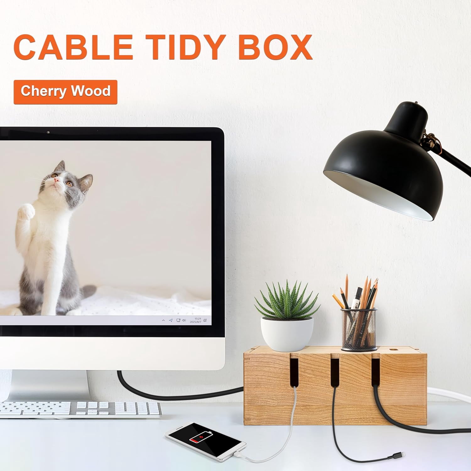 Elitzia Wood Cable Tidy Box Large Desk Cable Management Box Cord Wire Organiser for Hiding Messy Cables Wire Management Natural Cherry Wood Cables Storage Tidy Boxs for Home Salon SPA Office ETCHER01