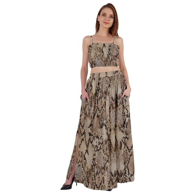 Bimba 2 Pcs Robe de Plage Aguichant pour Femmes Imprimée Smockée Crop Top & Longue Jupe Ensemble