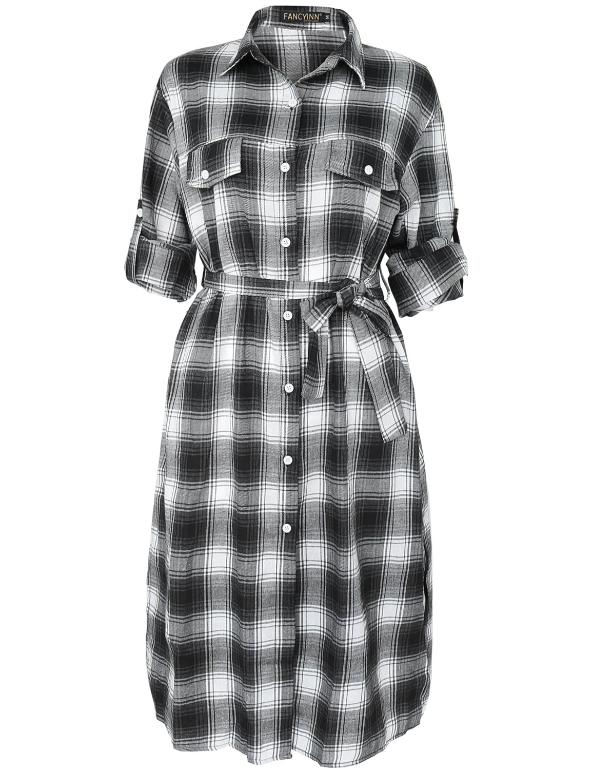 Long Checkered Plaid Belt with Down Dresses M Sleeve Shirt for FANCYINN Black Dress Button Women
