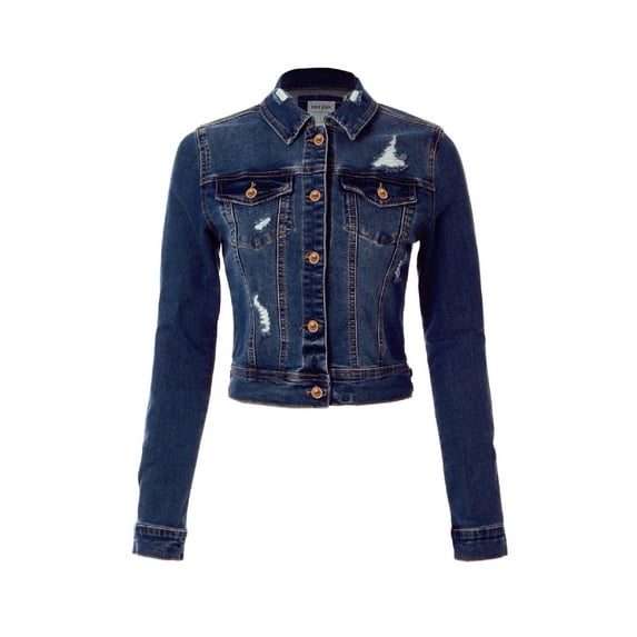Made by Olivia Women's Classic Lightly Distressed Button Down Denim Crop Jean Jacket