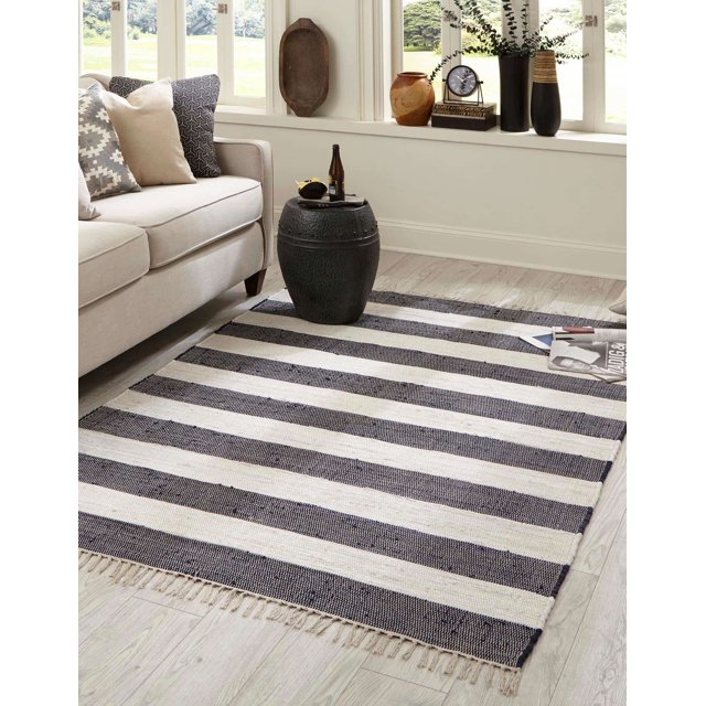 Unique Loom Chindi Rag Collection Hand Woven Striped Natural Fibers Navy Blue Area Rug (9' 0 x 12' 0)