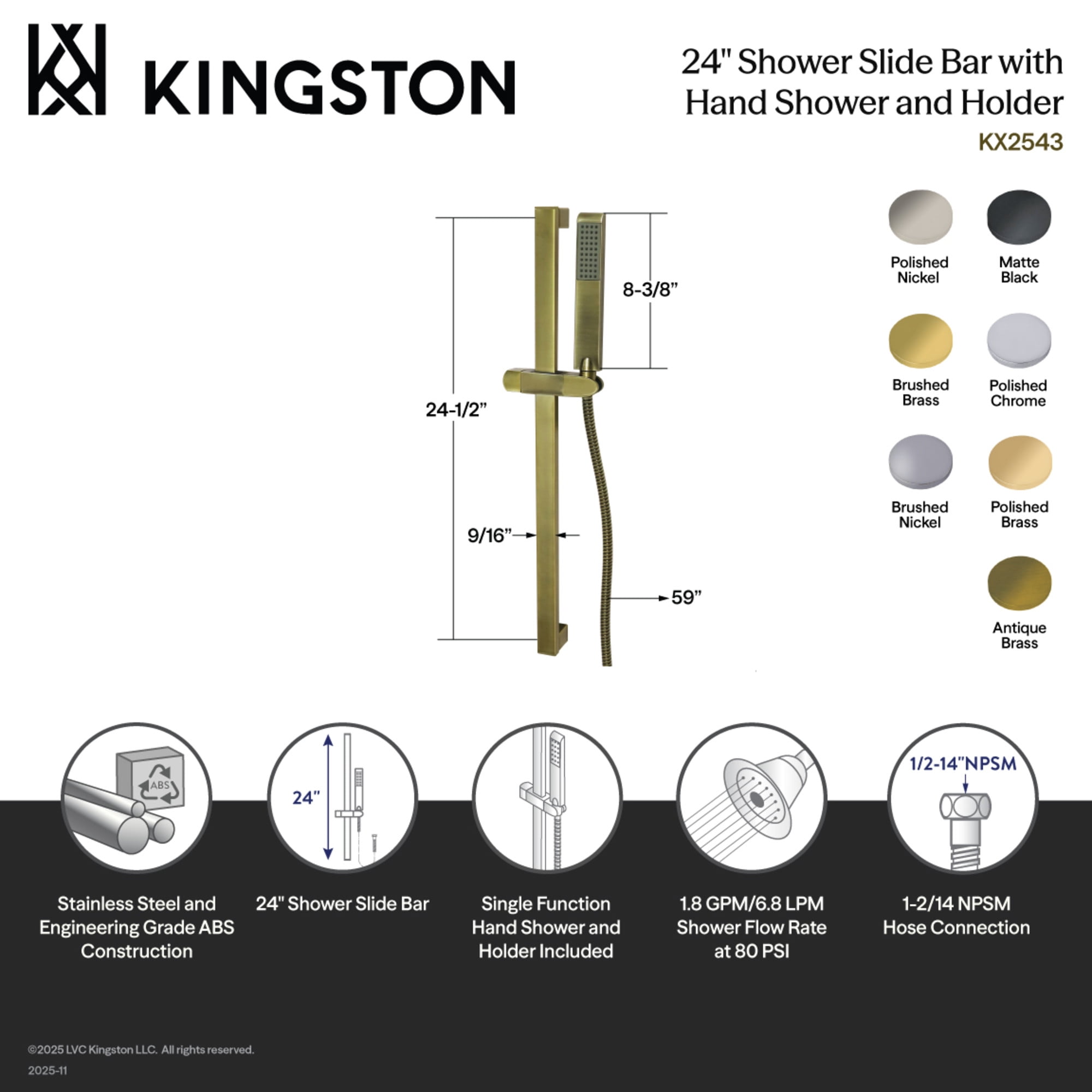 Kingston Brass KX2546 Vilbosch 24-Inch Stainless Steel Shower Slide Bar with Hand Shower and Holder in Polished Nickel