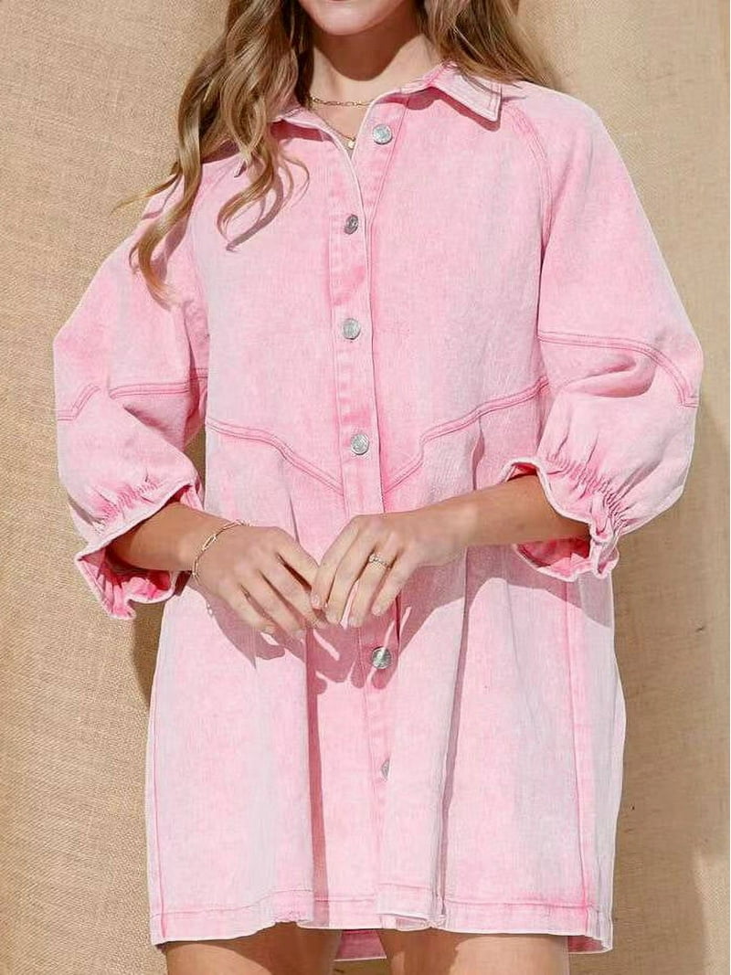 Hotian Women's Acid Wash Denim Shirt Dress, 3/4 Raglan Sleeve, Button Front, Loose Fit, Pink, Size S - Walmart.com Hotian Women's Acid Wash Denim Shirt Dress, 3/4 Raglan Sleeve, Button Front, Loose Fit, Pink, Size S - Walmart.com
