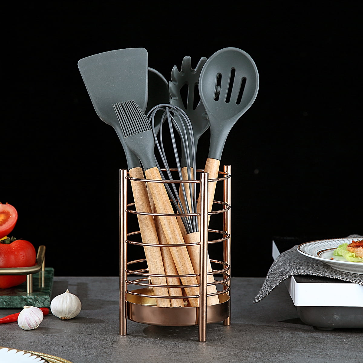 Just Houseware Rose Gold Stainless Steel Utensil Holder, Cooking Utensil Organizer with Drain Holes, Extra Large Kitchen Utensil Holders for Countertop