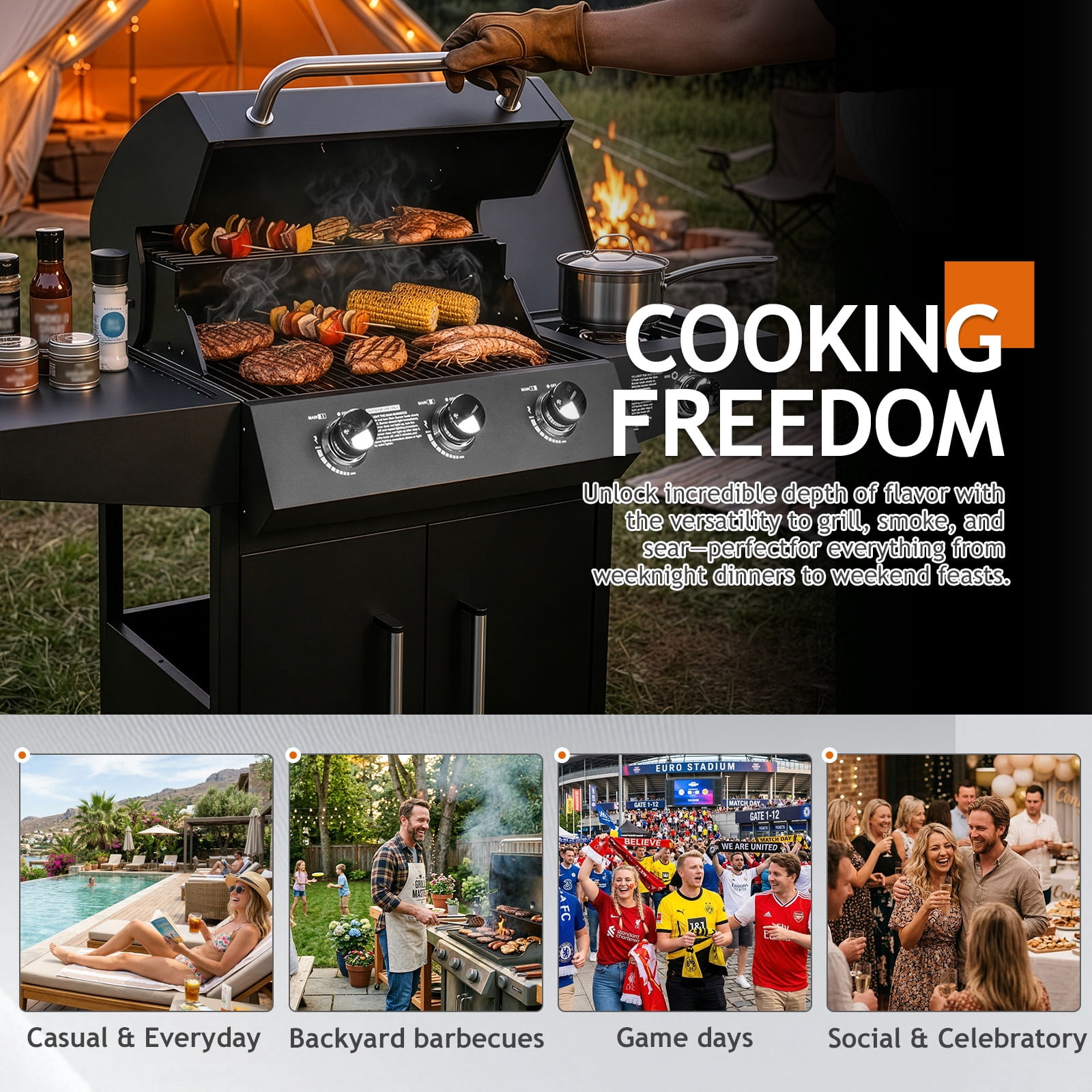 UBesGoo 3 Burner Propane Gas Grill with Side Burner 46000BTU for Camping Cooking BBQ