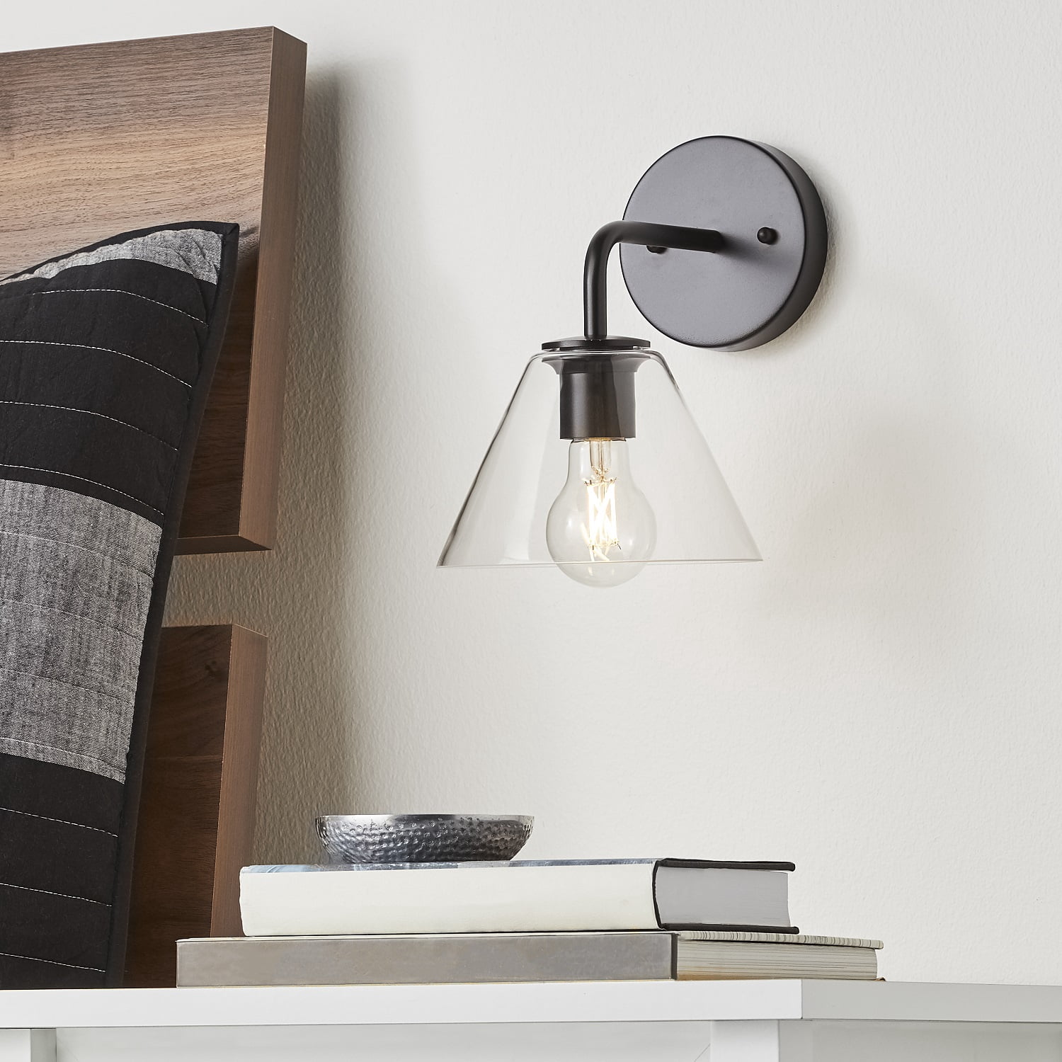 Better Homes & Gardens Clear Glass Wall Light Black, 1 A19 Bulb Included