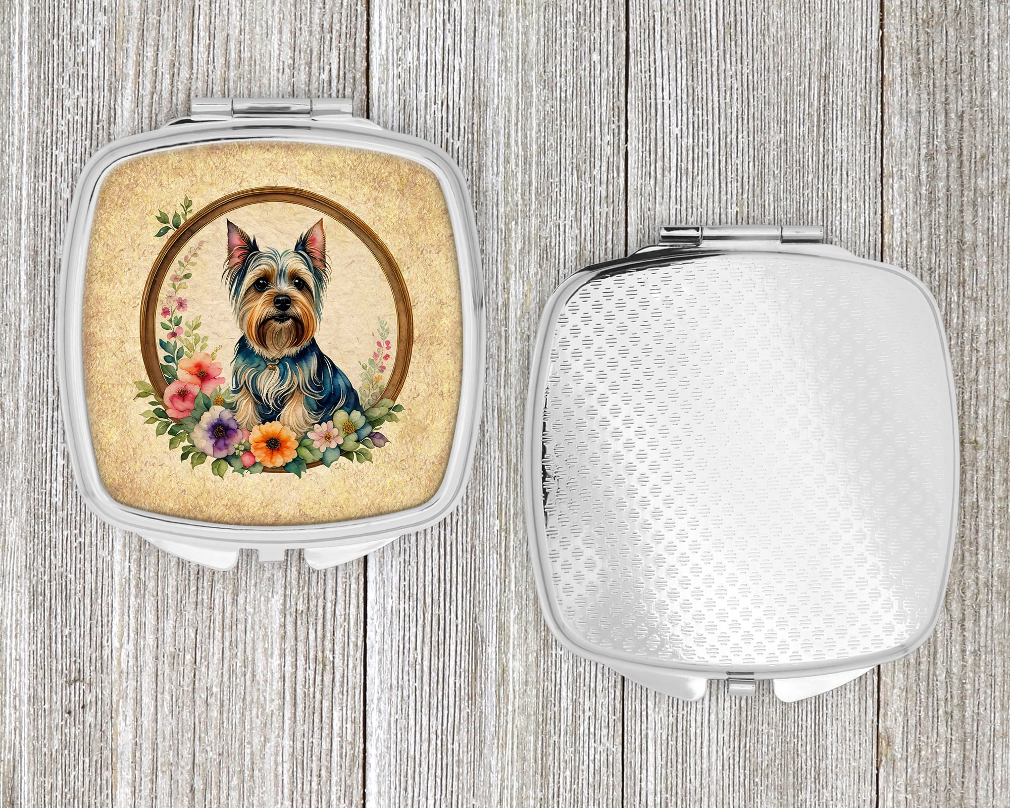 Silky Terrier and Flowers Compact Mirror 2.75 in x 3 in