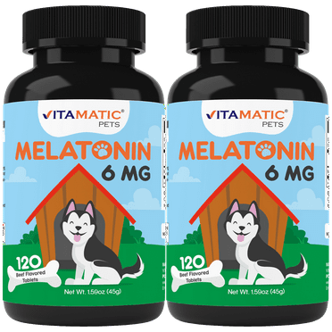 Vitamatic Melatonin for Dogs - 6 mg - 120 Beef Flavored Chewable Tablets ((Pack of 2))