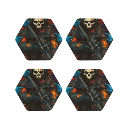 

Fuzoiu Vibrant Skull Soldier Print Leather Coasters Set Drink Coasters Set of 4 for Tabletop Protection Durable PVC Coasters Home Décor and Housewarming Gift-Hexagon