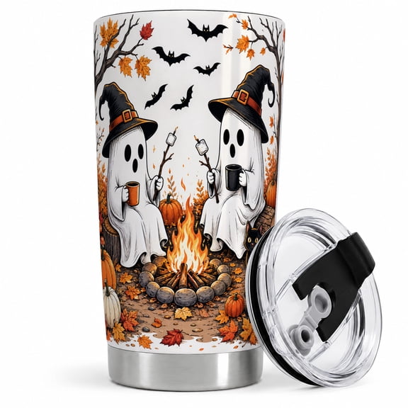 Campfire Ghost Tumbler, 20oz Insulated Drinkware for Halloween Fans Stainless steel insulated tumbler with lid, campfire ghost scene with bats for water, iced coffee, tea, or commute