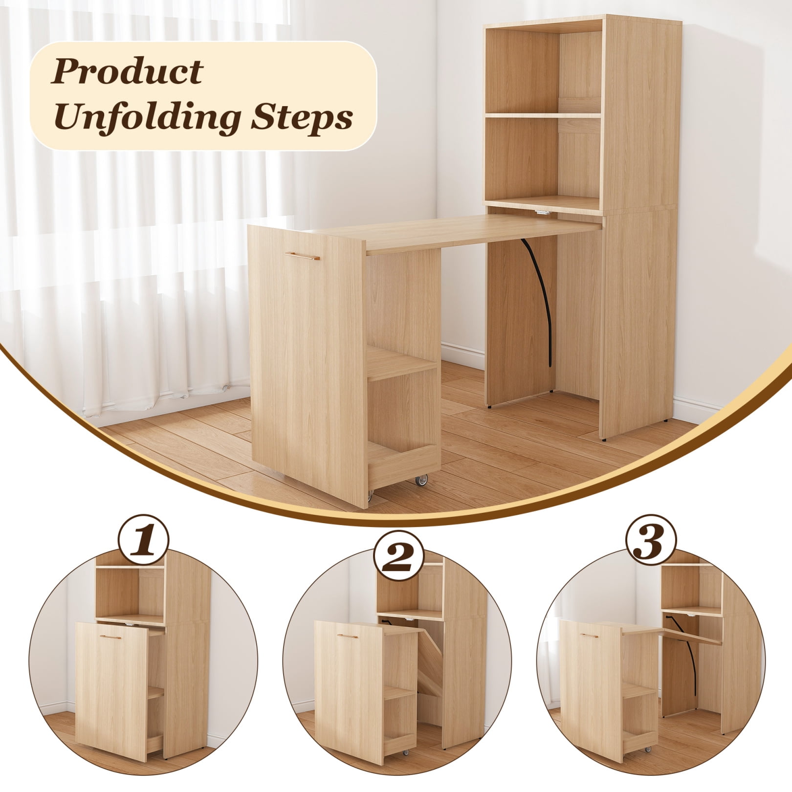 Mobile Folding Desk with Storage Shelves, Rolling Stretchable Office Desk with Wheels, Expandable Computer Table for Small Apartments and Offices, Natural
