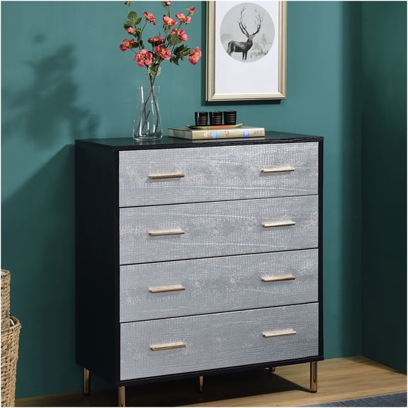 JERFIT Modern 4-Drawer Dresser Chest with Faux Leather Finish, Metal Legs for Bedroom, Black/Gold/Silver