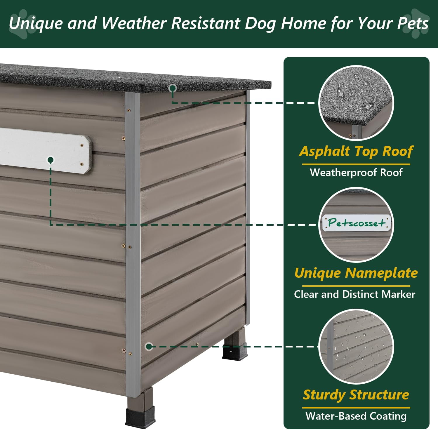 PETSCOSSET Outdoor Dog House - Waterproof Roof and Raised Feet - Gray