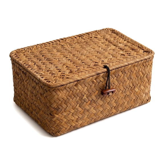 Woven Basket with Lid – Soft Seagrass Storage Basket, Large Lidded Basket for Home Organization Rectangular