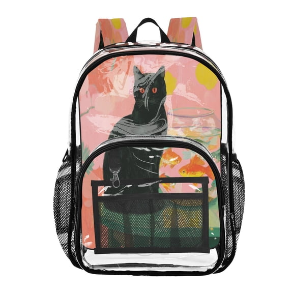 PVC Transparent Backpacks Clear Backpack for Travel and Outings Black Cat and Goldfish Bowl