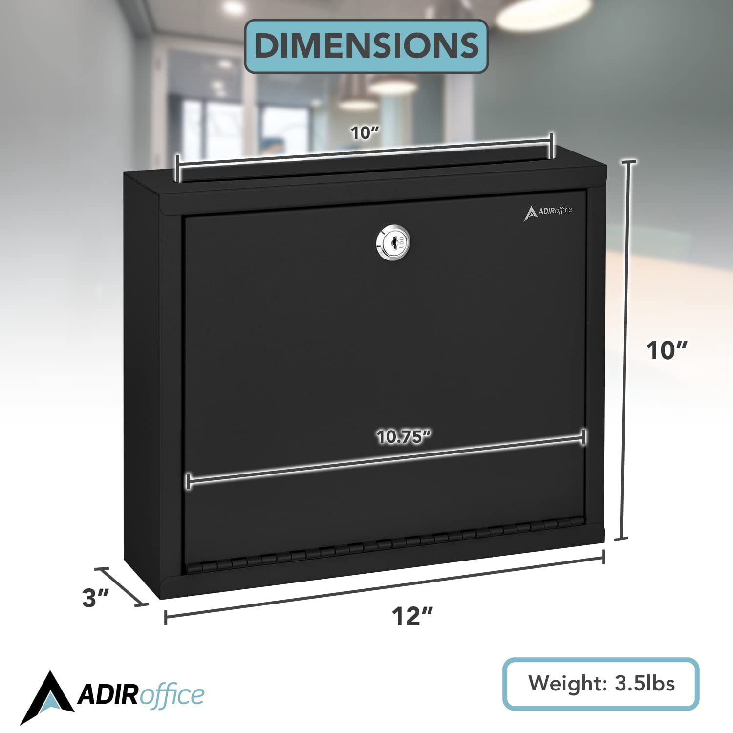 Adir Metal Suggestion Box with Lock and Slot, Wall Mount Deposit Box for Payments and Checks, Mailbox for house, Safe Drop Box with Keys - 3x10x12 Inch Black
