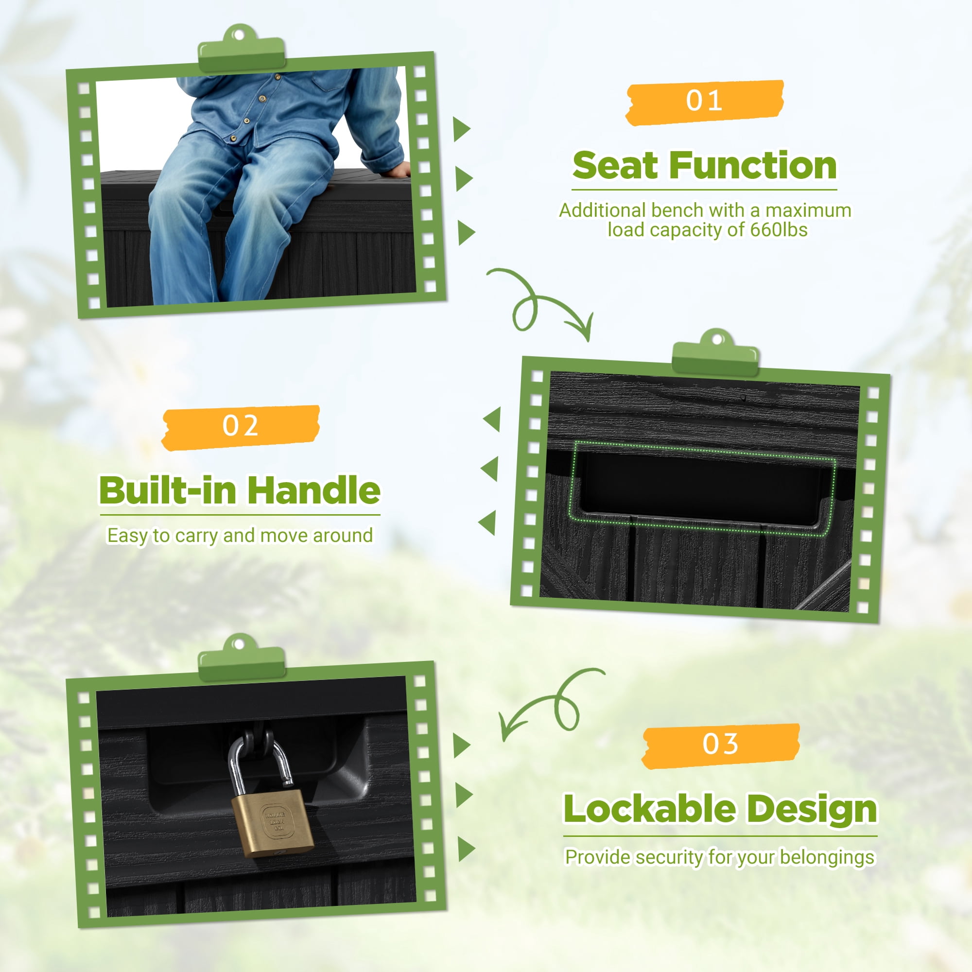 Vineego Storage Outdoor Lockable 120 Gallon Resin Deck Box, Black