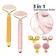thumbnail image 1 of Juego de rodillos de jade faciales vibratorios 3 en 1, rodillo de jade de cuarzo rosa con 3 cabezales reemplazables, masajeador facial adelgazante y lifting, oro rosa, 1 of 4