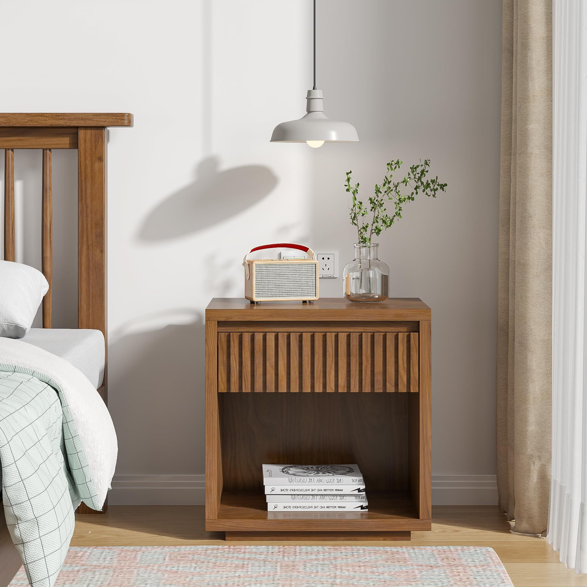 Fluted Nightstand with Drawer Storage, Mid Century Bedside End Table for Bedroom, Walnut, 1 pcs
