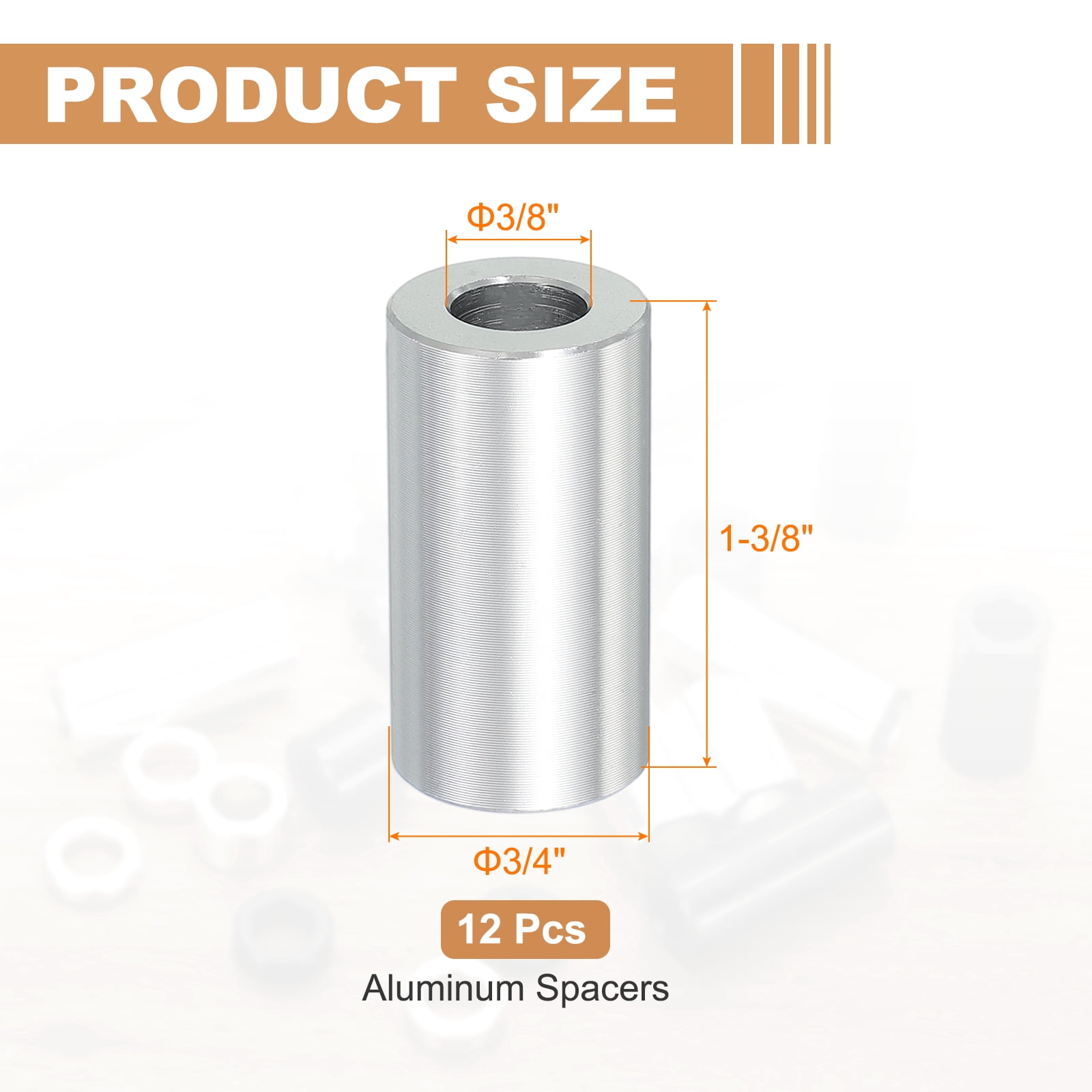 12PCS Aluminum Spacers, 3/8" x 3/4" Metal Spacers Aluminum 1-3/8" L Spacer Screw Standoff Round Unthreaded Standoff Bushing for 3/8inch Screw Bolts, Silver