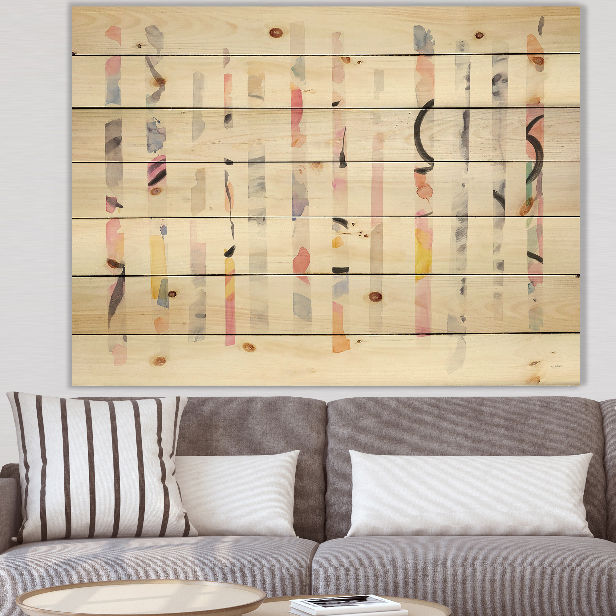 Designart 'Multi-Color Geometric Bars' Modern Transitional Print on Natural Pine Wood