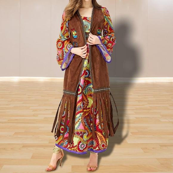 BELOVING Hippie Costume Women Hippie Costume Set Dress Vest with Tassel for Halloween XXL