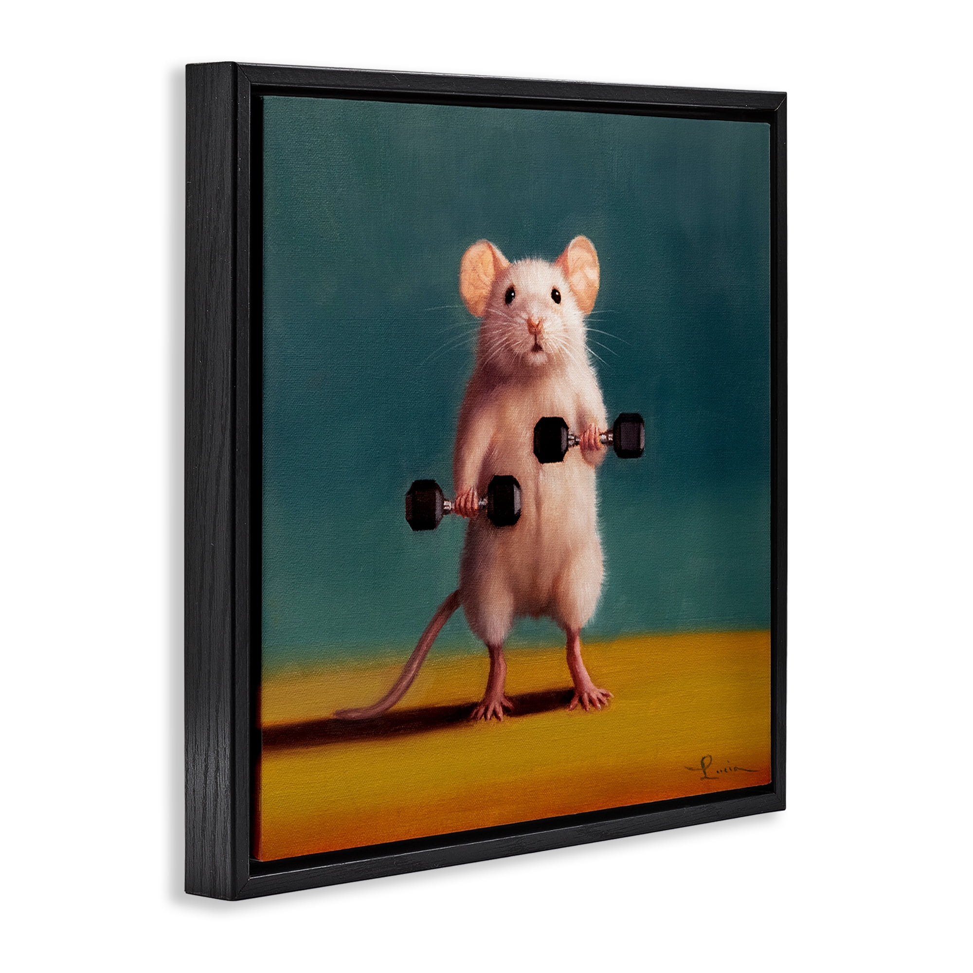 Stupell Industries Weight Lifting Mouse Animals Painting Black Floater Framed Canvas Art Print Wall Art, 25 x 25