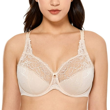 

DELIMIRA Women s Full Coverage Underwire Unlined Minimizer Lace Bra Suportive Plus Size Bras For Woman